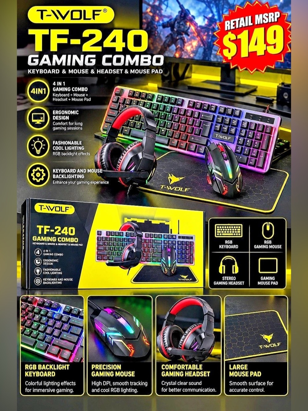 T-WOLF TF-240 4-in-1 Gaming Combo Keyboard & Mouse